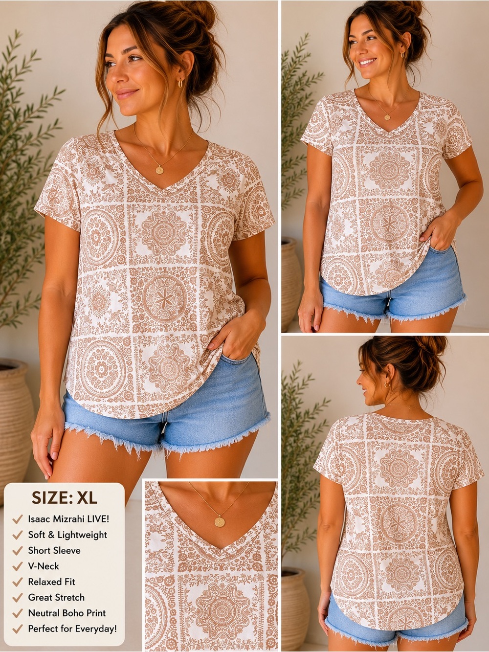 Isaac Mizrahi Live! Boho Medallion Print Tee – Women’s XL Neutral Beige Top